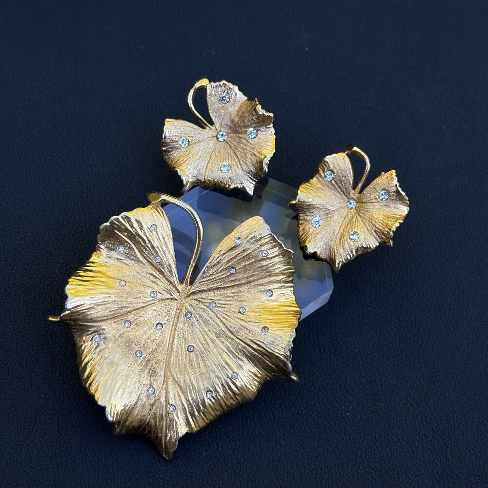 Vintage Pennino Leaf Brooch Gold Tone Rhinestone w Coro Matching Earrings READ